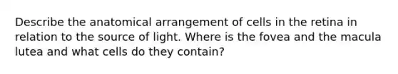 Describe the anatomical arrangement of cells in the retina in relation to the source of light. Where is the fovea and the macula lutea and what cells do they contain?