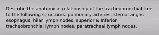 Describe the anatomical relationship of the tracheobronchial tree to the following structures: pulmonary arteries, sternal angle, esophagus, hilar lymph nodes, superior & inferior tracheobronchial lymph nodes, paratracheal lymph nodes.