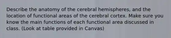 Describe the anatomy of the cerebral hemispheres, and the location of functional areas of the cerebral cortex. Make sure you know the main functions of each functional area discussed in class. (Look at table provided in Canvas)