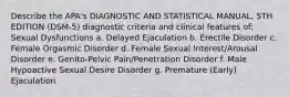 Describe the APA's DIAGNOSTIC AND STATISTICAL MANUAL, 5TH EDITION (DSM-5) diagnostic criteria and clinical features of: Sexual Dysfunctions a. Delayed Ejaculation b. Erectile Disorder c. Female Orgasmic Disorder d. Female Sexual Interest/Arousal Disorder e. Genito-Pelvic Pain/Penetration Disorder f. Male Hypoactive Sexual Desire Disorder g. Premature (Early) Ejaculation