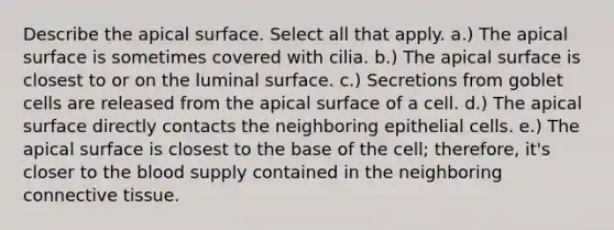 Describe the apical surface. Select all that apply. a.) The apical surface is sometimes covered with cilia. b.) The apical surface is closest to or on the luminal surface. c.) Secretions from goblet cells are released from the apical surface of a cell. d.) The apical surface directly contacts the neighboring epithelial cells. e.) The apical surface is closest to the base of the cell; therefore, it's closer to the blood supply contained in the neighboring connective tissue.