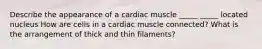 Describe the appearance of a cardiac muscle _____ _____ located nucleus How are cells in a cardiac muscle connected? What is the arrangement of thick and thin filaments?