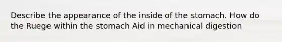 Describe the appearance of the inside of the stomach. How do the Ruege within the stomach Aid in mechanical digestion