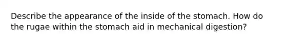 Describe the appearance of the inside of <a href='https://www.questionai.com/knowledge/kLccSGjkt8-the-stomach' class='anchor-knowledge'>the stomach</a>. How do the rugae within the stomach aid in mechanical digestion?