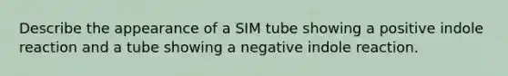 Describe the appearance of a SIM tube showing a positive indole reaction and a tube showing a negative indole reaction.