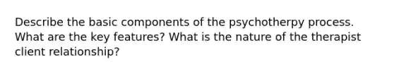 Describe the basic components of the psychotherpy process. What are the key features? What is the nature of the therapist client relationship?