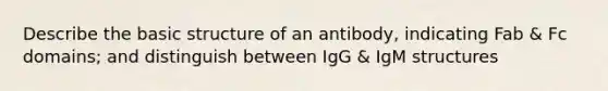 Describe the basic structure of an antibody, indicating Fab & Fc domains; and distinguish between IgG & IgM structures