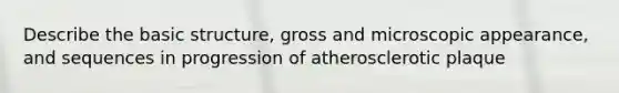 Describe the basic structure, gross and microscopic appearance, and sequences in progression of atherosclerotic plaque