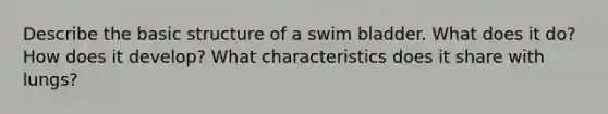 Describe the basic structure of a swim bladder. What does it do? How does it develop? What characteristics does it share with lungs?