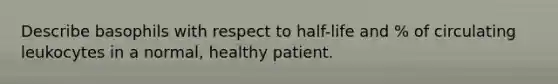 Describe basophils with respect to half-life and % of circulating leukocytes in a normal, healthy patient.