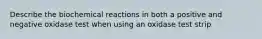 Describe the biochemical reactions in both a positive and negative oxidase test when using an oxidase test strip