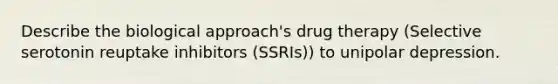 Describe the biological approach's drug therapy (Selective serotonin reuptake inhibitors (SSRIs)) to unipolar depression.