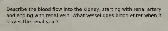 Describe the blood flow into the kidney, starting with renal artery and ending with renal vein. What vessel does blood enter when it leaves the renal vein?