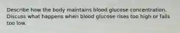 Describe how the body maintains blood glucose concentration. Discuss what happens when blood glucose rises too high or falls too low.