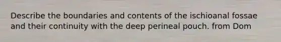 Describe the boundaries and contents of the ischioanal fossae and their continuity with the deep perineal pouch. from Dom