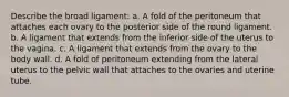 Describe the broad ligament: a. A fold of the peritoneum that attaches each ovary to the posterior side of the round ligament. b. A ligament that extends from the inferior side of the uterus to the vagina. c. A ligament that extends from the ovary to the body wall. d. A fold of peritoneum extending from the lateral uterus to the pelvic wall that attaches to the ovaries and uterine tube.