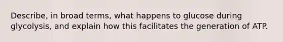 Describe, in broad terms, what happens to glucose during glycolysis, and explain how this facilitates the generation of ATP.