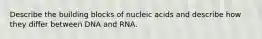 Describe the building blocks of nucleic acids and describe how they differ between DNA and RNA.