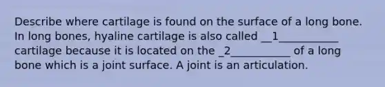 Describe where cartilage is found on the surface of a long bone. In long bones, hyaline cartilage is also called __1___________ cartilage because it is located on the _2___________ of a long bone which is a joint surface. A joint is an articulation.