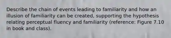 Describe the chain of events leading to familiarity and how an illusion of familiarity can be created, supporting the hypothesis relating perceptual fluency and familiarity (reference: Figure 7.10 in book and class).