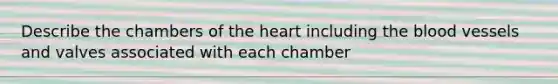 Describe the chambers of the heart including the blood vessels and valves associated with each chamber