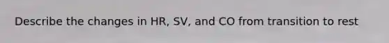 Describe the changes in HR, SV, and CO from transition to rest