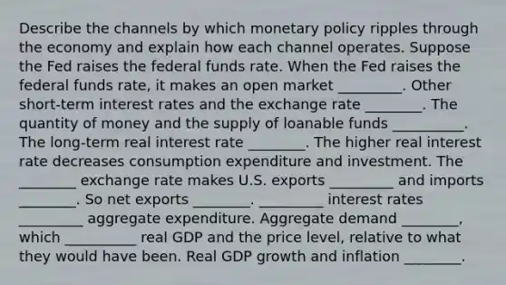 Describe the channels by which monetary policy ripples through the economy and explain how each channel operates. Suppose the Fed raises the federal funds rate. When the Fed raises the federal funds​ rate, it makes an open market _________. Other​ short-term interest rates and the exchange rate ________. The quantity of money and the supply of loanable funds __________. The​ long-term real interest rate ________. The higher real interest rate decreases consumption expenditure and investment. The ________ exchange rate makes U.S. exports _________ and imports ________. So net exports ________. _________ interest rates _________ aggregate expenditure. Aggregate demand ________​, which __________ real GDP and the price​ level, relative to what they would have been. Real GDP growth and inflation ________.