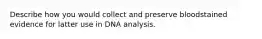 Describe how you would collect and preserve bloodstained evidence for latter use in DNA analysis.