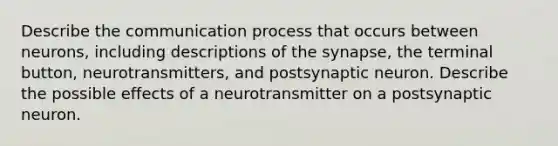 Describe the communication process that occurs between neurons, including descriptions of the synapse, the terminal button, neurotransmitters, and postsynaptic neuron. Describe the possible effects of a neurotransmitter on a postsynaptic neuron.