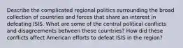 Describe the complicated regional politics surrounding the broad collection of countries and forces that share an interest in defeating ISIS. What are some of the central political conflicts and disagreements between these countries? How did these conflicts affect American efforts to defeat ISIS in the region?