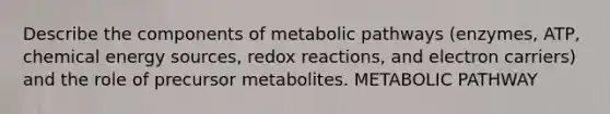 Describe the components of metabolic pathways (enzymes, ATP, chemical energy sources, redox reactions, and electron carriers) and the role of precursor metabolites. METABOLIC PATHWAY