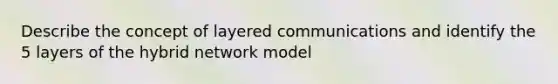 Describe the concept of layered communications and identify the 5 layers of the hybrid network model