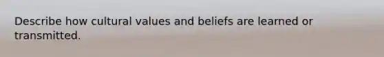 Describe how cultural values and beliefs are learned or transmitted.