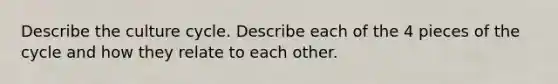 Describe the culture cycle. Describe each of the 4 pieces of the cycle and how they relate to each other.