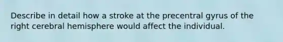 Describe in detail how a stroke at the precentral gyrus of the right cerebral hemisphere would affect the individual.