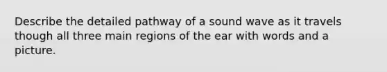 Describe the detailed pathway of a sound wave as it travels though all three main regions of the ear with words and a picture.