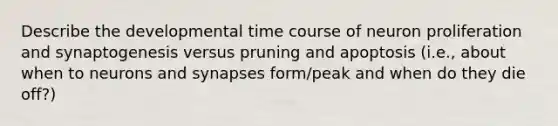 Describe the developmental time course of neuron proliferation and synaptogenesis versus pruning and apoptosis (i.e., about when to neurons and synapses form/peak and when do they die off?)