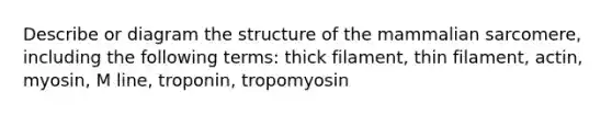 Describe or diagram the structure of the mammalian sarcomere, including the following terms: thick filament, thin filament, actin, myosin, M line, troponin, tropomyosin