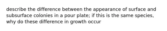 describe the difference between the appearance of surface and subsurface colonies in a pour plate; if this is the same species, why do these difference in growth occur