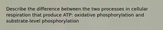 Describe the difference between the two processes in <a href='https://www.questionai.com/knowledge/k1IqNYBAJw-cellular-respiration' class='anchor-knowledge'>cellular respiration</a> that produce ATP: <a href='https://www.questionai.com/knowledge/kFazUb9IwO-oxidative-phosphorylation' class='anchor-knowledge'>oxidative phosphorylation</a> and substrate-level phosphorylation