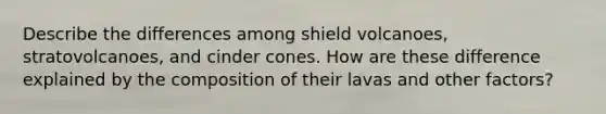 Describe the differences among shield volcanoes, stratovolcanoes, and cinder cones. How are these difference explained by the composition of their lavas and other factors?