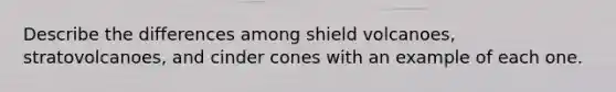 Describe the differences among shield volcanoes, stratovolcanoes, and cinder cones with an example of each one.