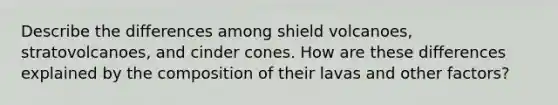 Describe the differences among shield volcanoes, stratovolcanoes, and cinder cones. How are these differences explained by the composition of their lavas and other factors?