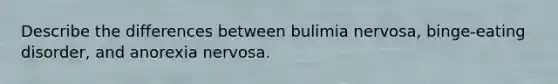 Describe the differences between bulimia nervosa, binge-eating disorder, and anorexia nervosa.