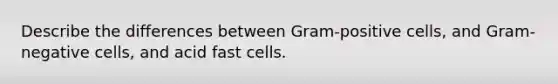 Describe the differences between Gram-positive cells, and Gram-negative cells, and acid fast cells.