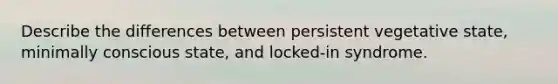 Describe the differences between persistent vegetative state, minimally conscious state, and locked-in syndrome.