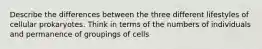 Describe the differences between the three different lifestyles of cellular prokaryotes. Think in terms of the numbers of individuals and permanence of groupings of cells