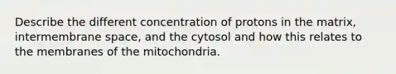 Describe the different concentration of protons in the matrix, intermembrane space, and the cytosol and how this relates to the membranes of the mitochondria.