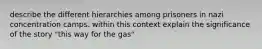 describe the different hierarchies among prisoners in nazi concentration camps. within this context explain the significance of the story "this way for the gas"