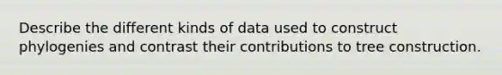 Describe the different kinds of data used to construct phylogenies and contrast their contributions to tree construction.